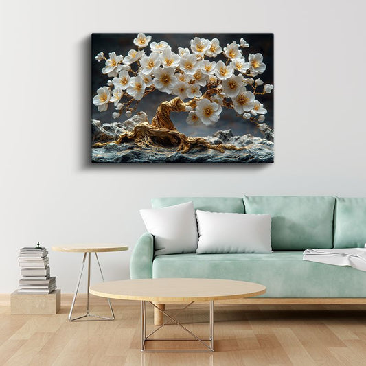 Altın Kiraz Çiçeği - Dekoratif Bonsai Ağacı Tasarımı Kanvas Tablo