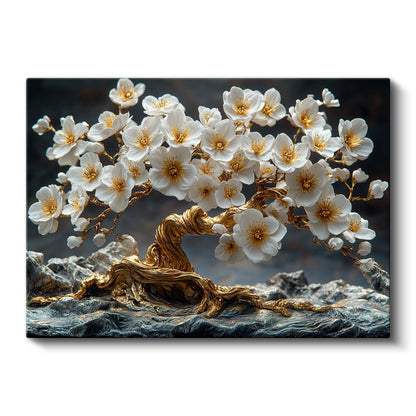 Altın Kiraz Çiçeği - Dekoratif Bonsai Ağacı Tasarımı Kanvas Tablo