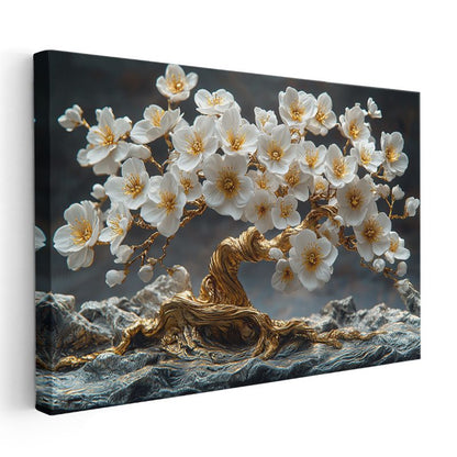 Altın Kiraz Çiçeği - Dekoratif Bonsai Ağacı Tasarımı Kanvas Tablo