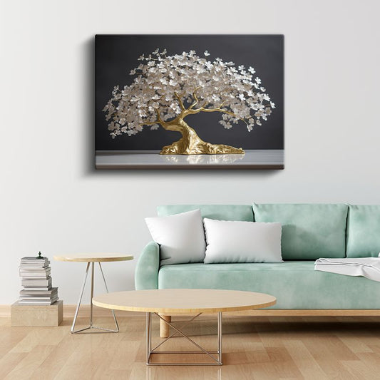 Altın Çiçek Ağacı - Zarif Beyaz Çiçekli Bonsai Sanatı Kanvas Tablo