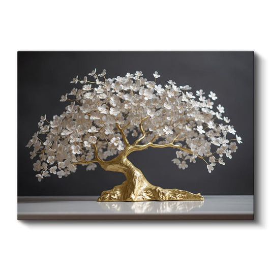 Altın Çiçek Ağacı - Zarif Beyaz Çiçekli Bonsai Sanatı Kanvas Tablo