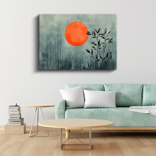 Bambu Silueti - Minimalist Doğu Esintili Turuncu Güneş Kanvas Tablo