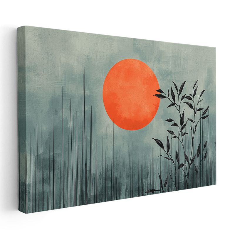 Bambu Silueti - Minimalist Doğu Esintili Turuncu Güneş Kanvas Tablo