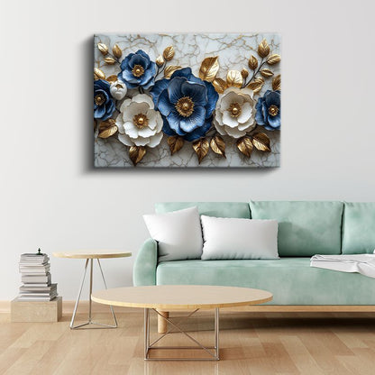 Mavi Beyaz Çiçekler - Altın Yapraklı Mermer Dokulu Dekoratif Kanvas Tablo