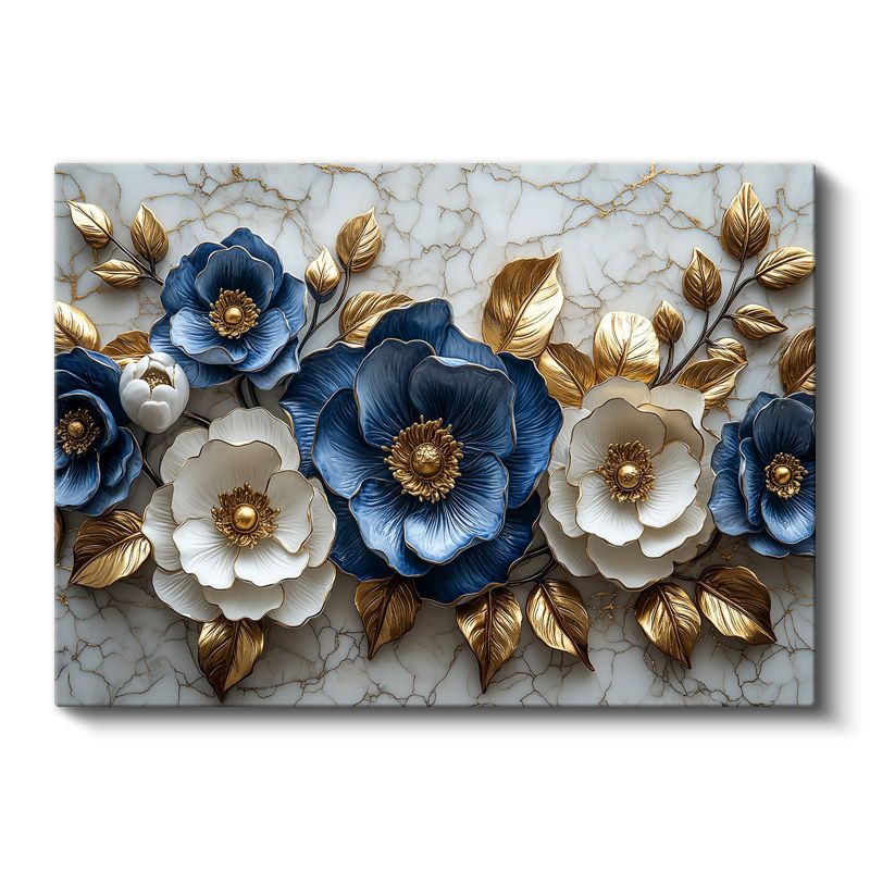 Mavi Beyaz Çiçekler - Altın Yapraklı Mermer Dokulu Dekoratif Kanvas Tablo