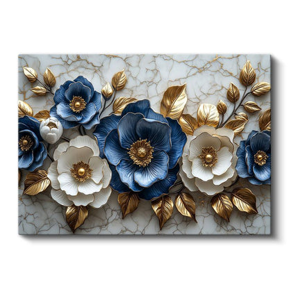 Mavi Beyaz Çiçekler - Altın Yapraklı Mermer Dokulu Dekoratif Kanvas Tablo