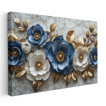 Mavi Beyaz Çiçekler - Altın Yapraklı Mermer Dokulu Dekoratif Kanvas Tablo