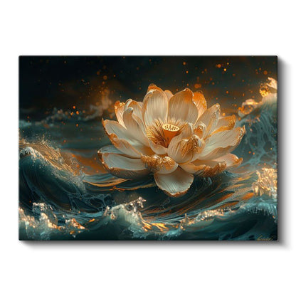 Altın Lotus - Su Üzerinde Işıltılı Nilüfer Çiçeği Kanvas Tablo