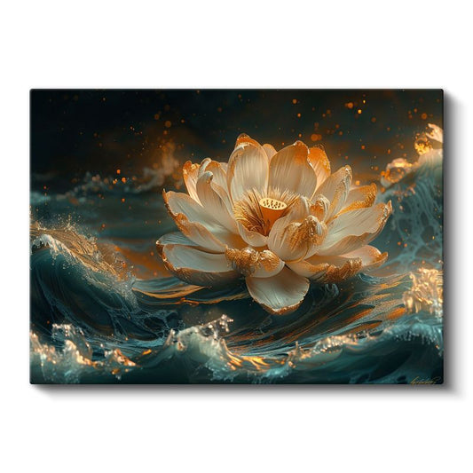 Altın Lotus - Su Üzerinde Işıltılı Nilüfer Çiçeği Kanvas Tablo