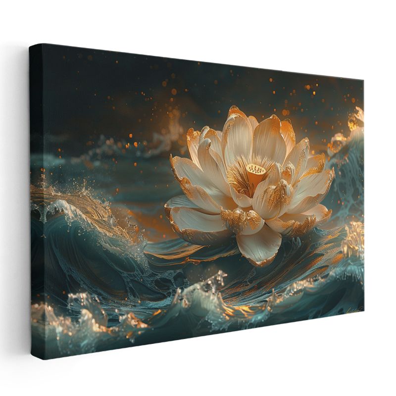 Altın Lotus - Su Üzerinde Işıltılı Nilüfer Çiçeği Kanvas Tablo