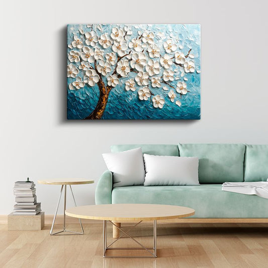 Beyaz Çiçek Ağacı - Mavi Fonda Kabartma Görünümlü Tekstürlü Kanvas Tablo