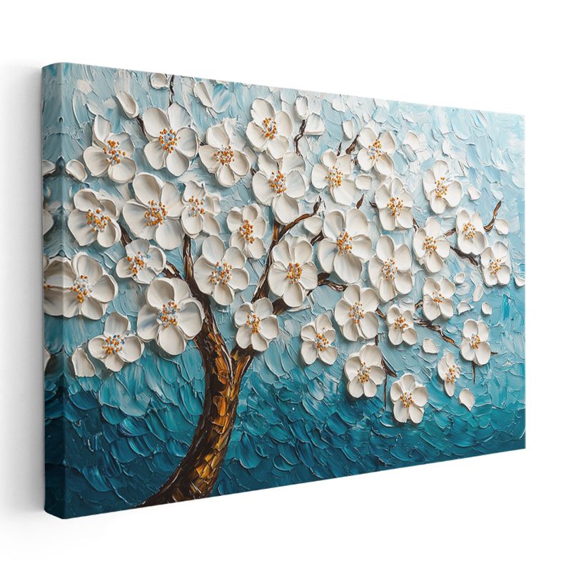 Beyaz Çiçek Ağacı - Mavi Fonda Kabartma Görünümlü Tekstürlü Kanvas Tablo