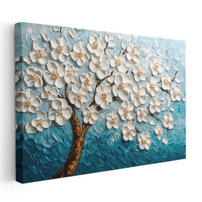 Beyaz Çiçek Ağacı - Mavi Fonda Kabartma Görünümlü Tekstürlü Kanvas Tablo