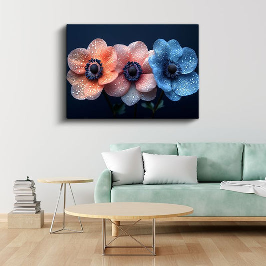 Renkli Anemonlar - Su Damlacıklı Üçlü Çiçek Portresi Kanvas Tablo