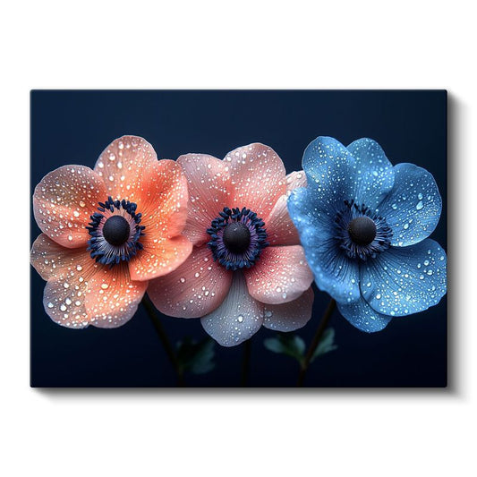 Renkli Anemonlar - Su Damlacıklı Üçlü Çiçek Portresi Kanvas Tablo