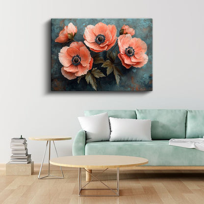 Somon Gelincikler - Turkuaz Fonda Yağlı Boya Tekniği Kanvas Tablo