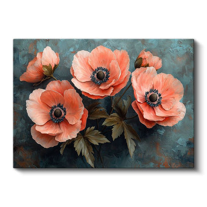 Somon Gelincikler - Turkuaz Fonda Yağlı Boya Tekniği Kanvas Tablo