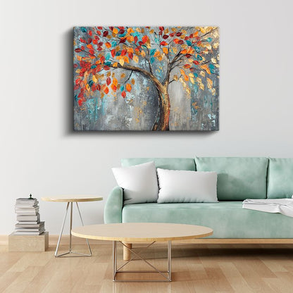 Sonbahar Ağacı - Renkli Yapraklı Altın Gövdeli Sanat Kanvas Tablo