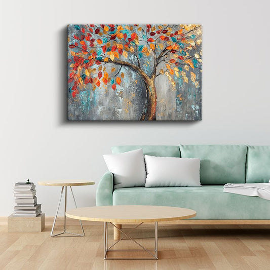 Sonbahar Ağacı - Renkli Yapraklı Altın Gövdeli Sanat Kanvas Tablo