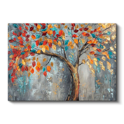 Sonbahar Ağacı - Renkli Yapraklı Altın Gövdeli Sanat Kanvas Tablo
