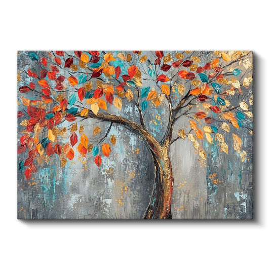 Sonbahar Ağacı - Renkli Yapraklı Altın Gövdeli Sanat Kanvas Tablo