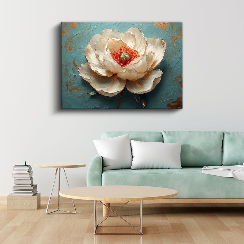 Beyaz Şakayık - Turkuaz Fonda Kabartma Görünümlü Çiçek Portresi Kanvas Tablo