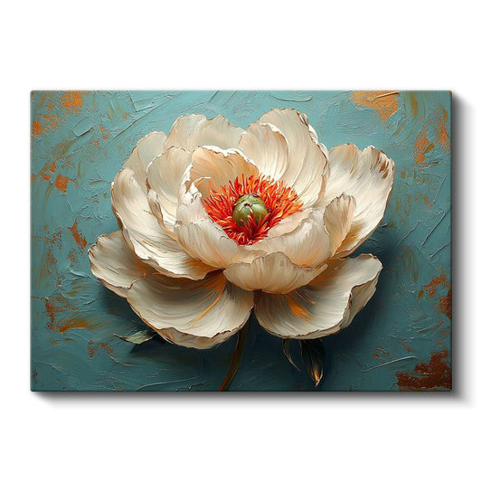 Beyaz Şakayık - Turkuaz Fonda Kabartma Görünümlü Çiçek Portresi Kanvas Tablo