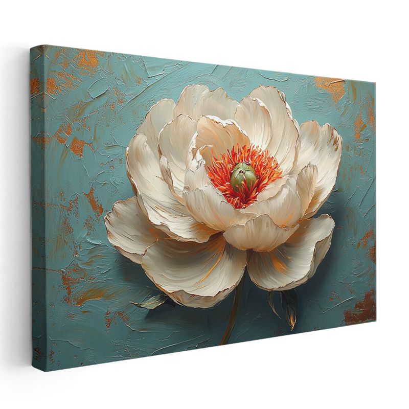 Beyaz Şakayık - Turkuaz Fonda Kabartma Görünümlü Çiçek Portresi Kanvas Tablo