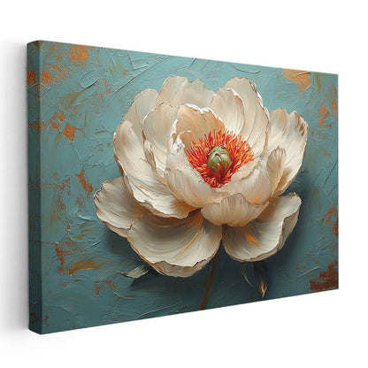 Beyaz Şakayık - Turkuaz Fonda Kabartma Görünümlü Çiçek Portresi Kanvas Tablo