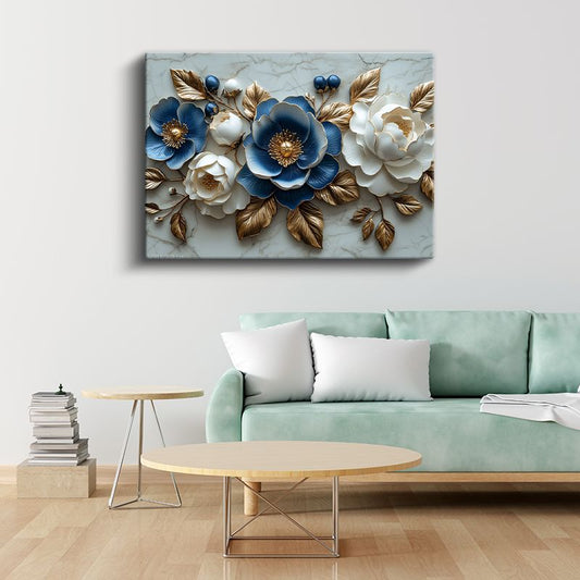 Mavi Beyaz Çiçekler - Altın Yapraklı Mermer Dokulu Dekoratif Kanvas Tablo