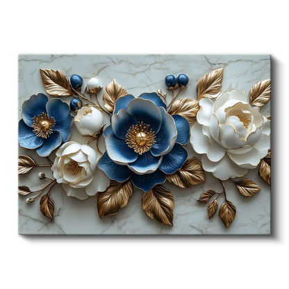 Mavi Beyaz Çiçekler - Altın Yapraklı Mermer Dokulu Dekoratif Kanvas Tablo