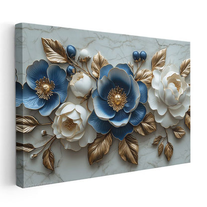 Mavi Beyaz Çiçekler - Altın Yapraklı Mermer Dokulu Dekoratif Kanvas Tablo