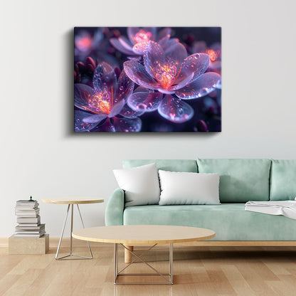 Pembe Mor Çiçekler - Işıklı Çiy Taneli Büyüleyici Kanvas Tablo