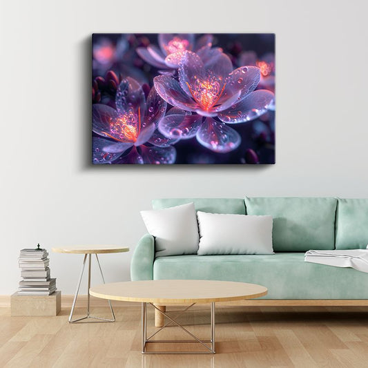 Pembe Mor Çiçekler - Işıklı Çiy Taneli Büyüleyici Kanvas Tablo