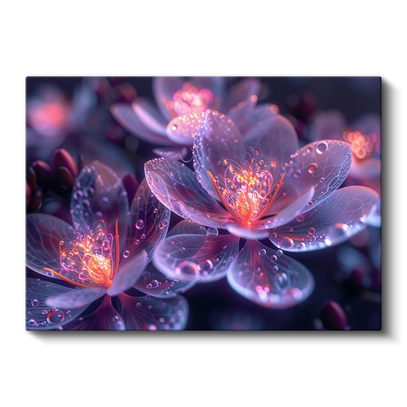 Pembe Mor Çiçekler - Işıklı Çiy Taneli Büyüleyici Kanvas Tablo