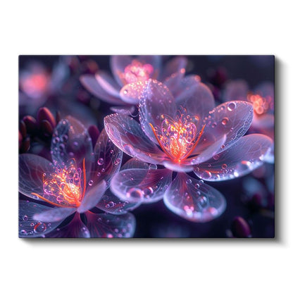 Pembe Mor Çiçekler - Işıklı Çiy Taneli Büyüleyici Kanvas Tablo