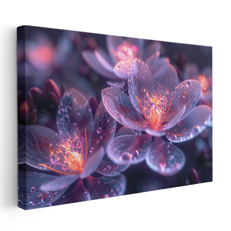 Pembe Mor Çiçekler - Işıklı Çiy Taneli Büyüleyici Kanvas Tablo