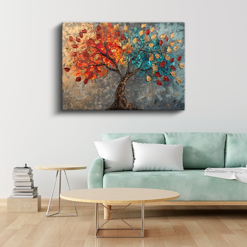 Renkli Sonbahar Ağacı - Tekstürlü Yaprak Detaylı Sanat Kanvas Tablo