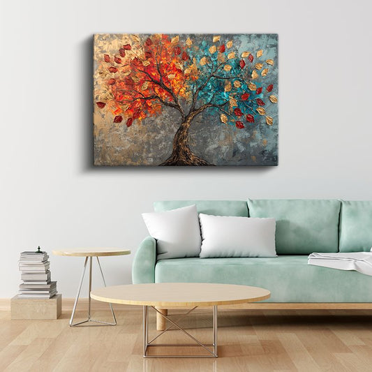 Renkli Sonbahar Ağacı - Tekstürlü Yaprak Detaylı Sanat Kanvas Tablo