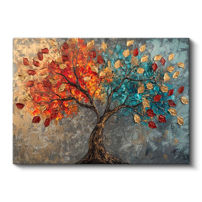 Renkli Sonbahar Ağacı - Tekstürlü Yaprak Detaylı Sanat Kanvas Tablo