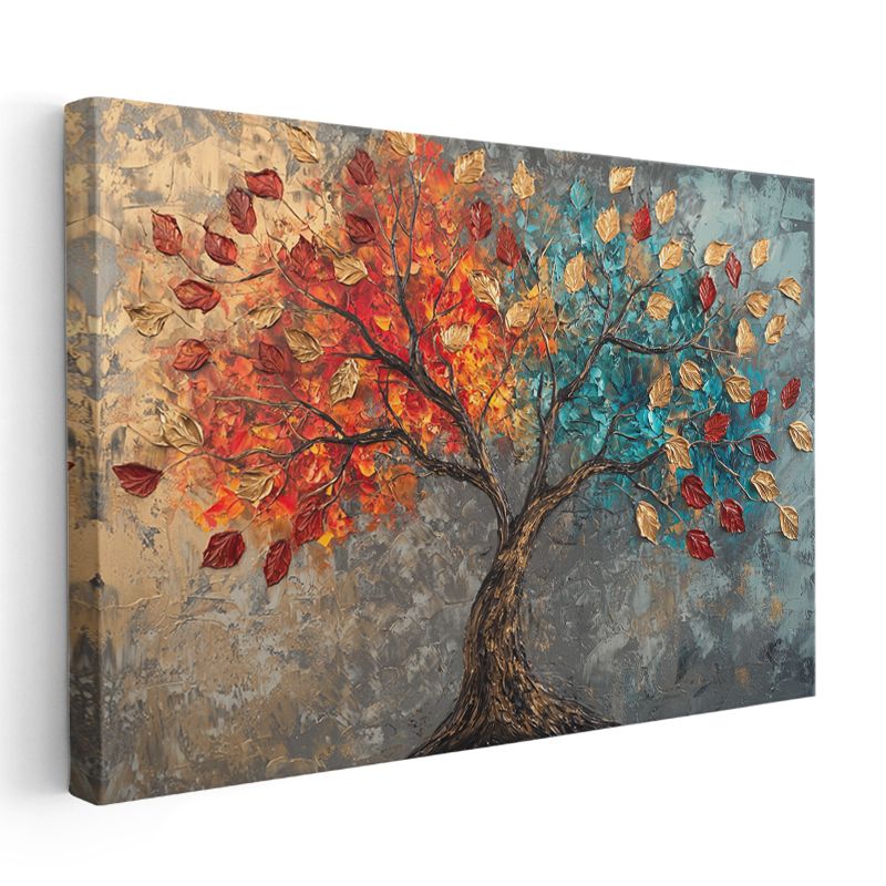 Renkli Sonbahar Ağacı - Tekstürlü Yaprak Detaylı Sanat Kanvas Tablo