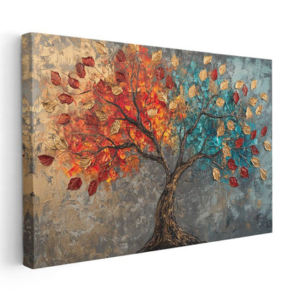 Renkli Sonbahar Ağacı - Tekstürlü Yaprak Detaylı Sanat Kanvas Tablo