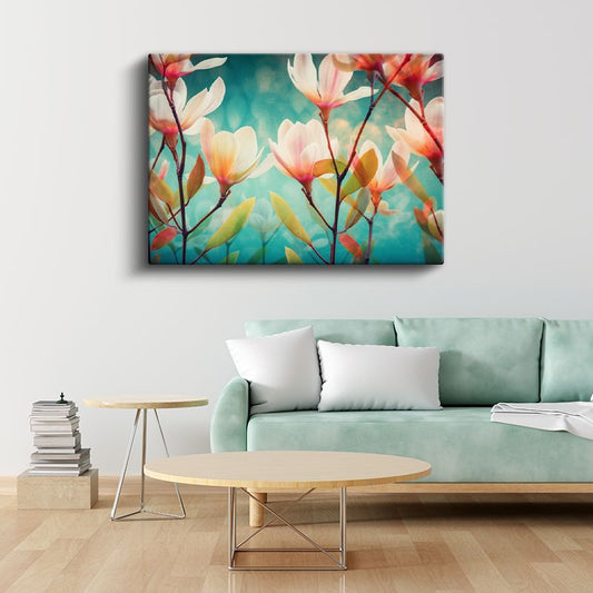 Magnolya Çiçekleri - Turkuaz Fonda Zarif Dal Kompozisyonu Kanvas Tablo