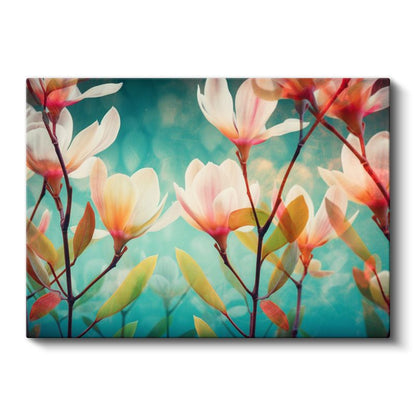 Magnolya Çiçekleri - Turkuaz Fonda Zarif Dal Kompozisyonu Kanvas Tablo