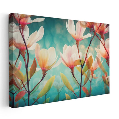 Magnolya Çiçekleri - Turkuaz Fonda Zarif Dal Kompozisyonu Kanvas Tablo