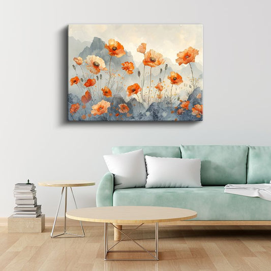 Krem Çiçekler - Siyah Fonda Minimalist Botanik Kanvas Tablo