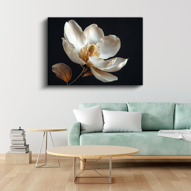 Krem Çiçekler - Mavi Fonda Kabartma Görünümlü Dekoratif Sanat Kanvas Tablo