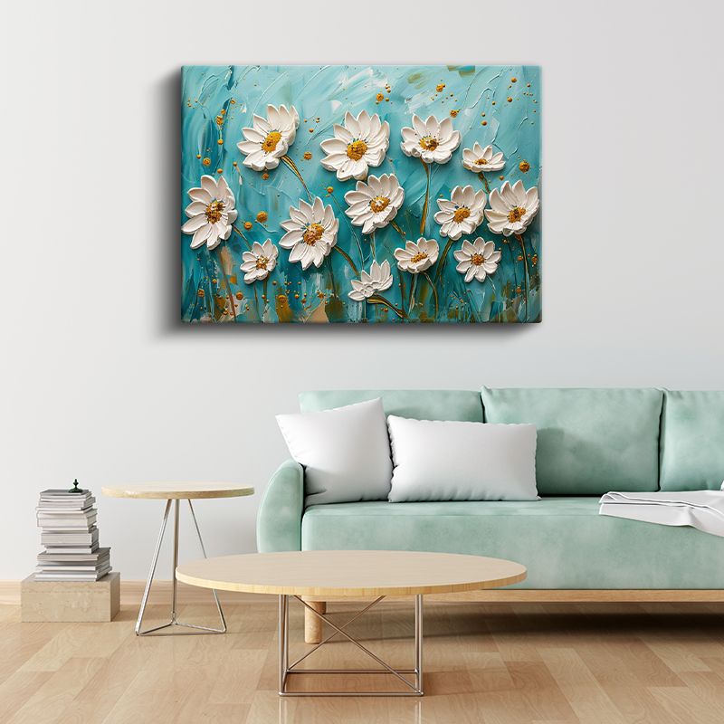 Altın Nilüfer - Turkuaz Dalgalı Suda Işıltılı Çiçek Kanvas Tablo