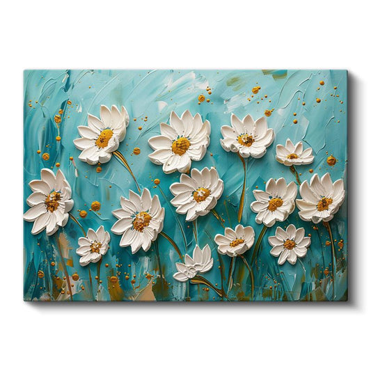 Altın Nilüfer - Turkuaz Dalgalı Suda Işıltılı Çiçek Kanvas Tablo