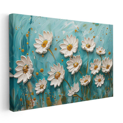 Altın Nilüfer - Turkuaz Dalgalı Suda Işıltılı Çiçek Kanvas Tablo